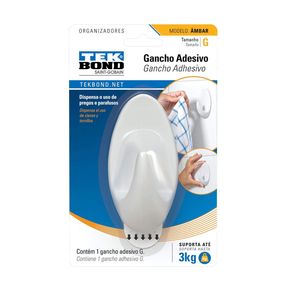 Gancho Adesivo Ambar de Plástico Branco Tamanho G, TekBond
